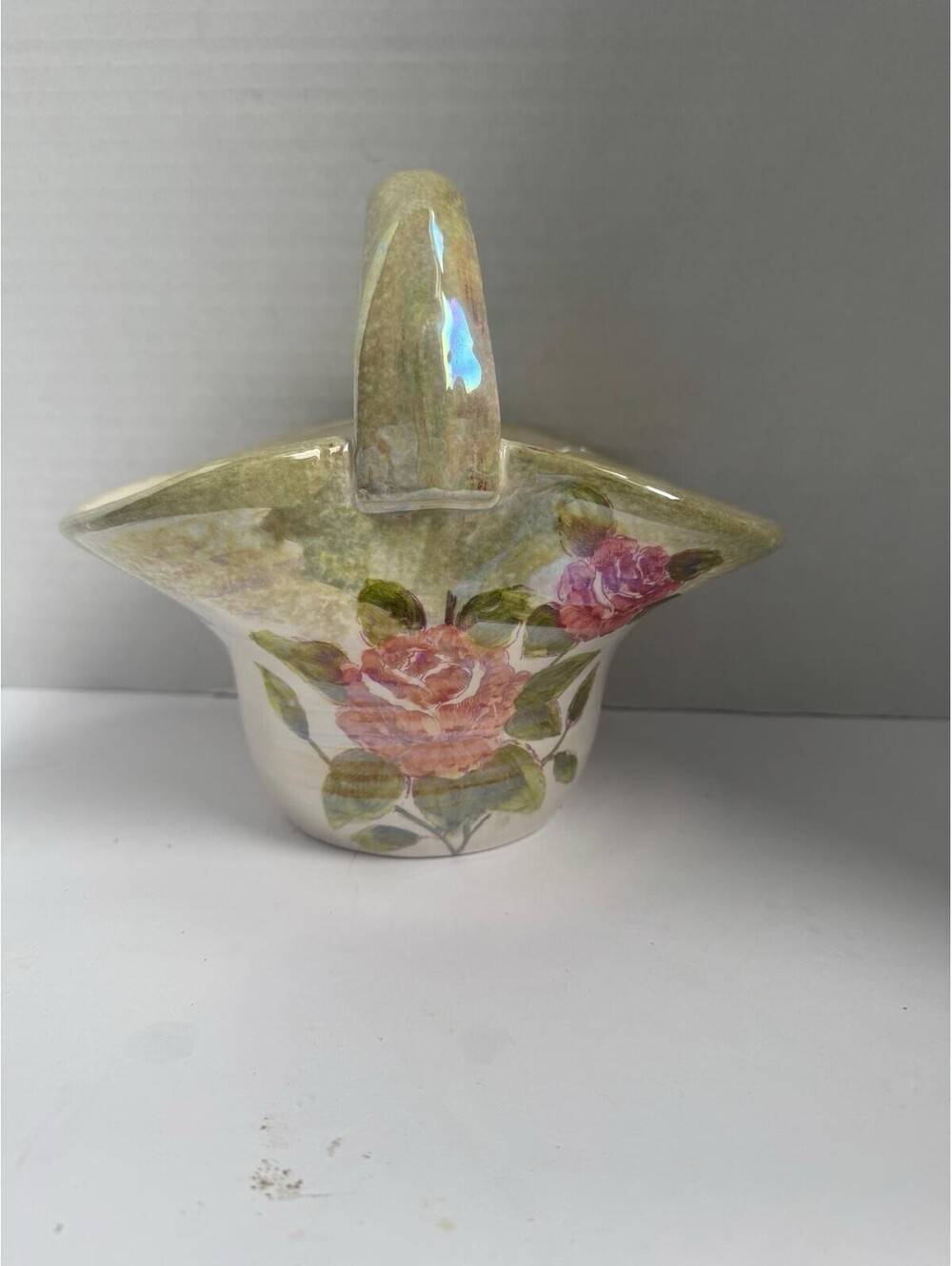 Vintage Ceramic Floral Basket Vase — Pink Roses & Iridescent Luster Glaze
